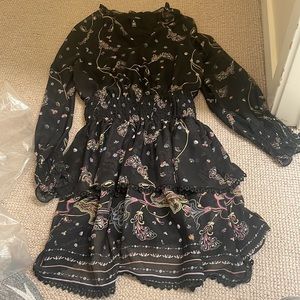 Aqua paisley XS black mini flounce dress ruched sleeves lace trim